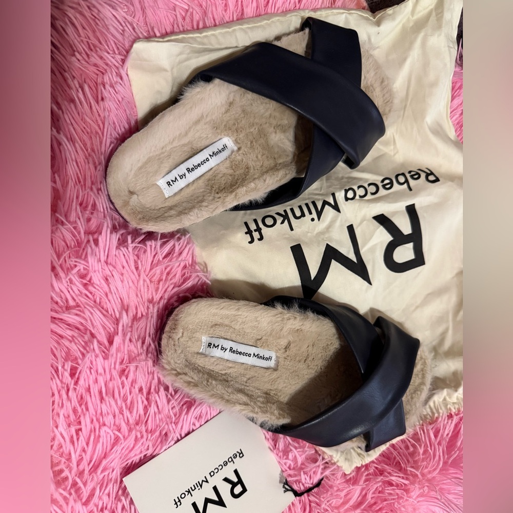 Rebecca Minkoff Navy and Cream Fur-Lined Slides
